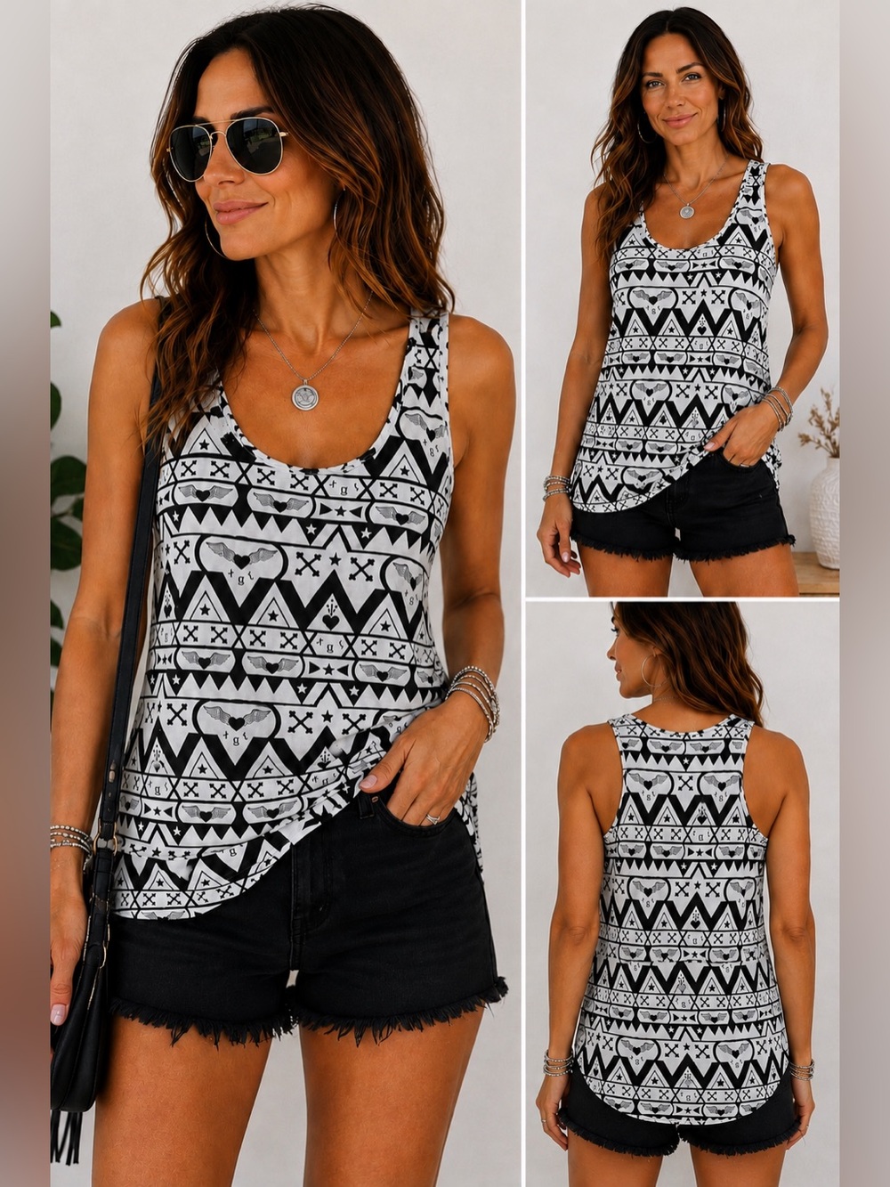 H&M Black White Graphic Tank Top | Winged Heart Geometric Print | Small